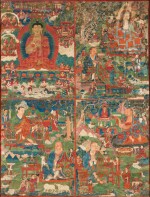 A rare thangka depicting Buddha Shakyamuni with arhats, Tibet, 16th century | 西藏 十六世紀 釋迦牟尼佛及羅漢唐卡 設色布本