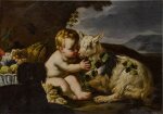 A young boy with a goat and a black dog in a landscape