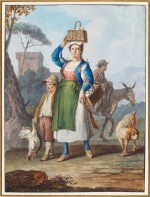 A pair of Neapolitan genre scenes: A woman carrying baskets of eggs and a Waterseller