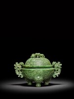 A spinach-green jade archaistic tripod incense burner and cover, Qing dynasty, 18th - 19th century | 清十八至十九世紀 碧玉雕龍耳三足爐連蓋