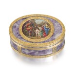 An enamel and hardstone snuff box with two-coloured gold mounts, probably German, circa 1840, 