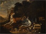 Hunting scene with a hound, a dead heron, feathered game, a birdcage, and a rifle