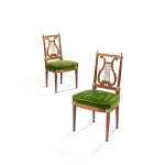 A pair of Louis XVI gilt-bronze mounted veneered chairs, stamped by Louis-Magdeleine Pluvinet | Paire de chaises en placage d'acajou et monture de bronze doré d'époque Louis XVI, estampille de Louis-Magdeleine Pluvinet