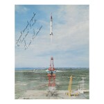 [PROJECT MERCURY]. VINTAGE PHOTOLITHOGRAPH OF ROCKET LAUNCH, SIGNED & INSCRIBED BY GUS GRISSOM TO BILL TAUB