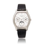 Reference 5040 | A white gold tonneau shaped automatic perpetual calendar wristwatch with moon phases, 24-hours and leap year indication, Circa 1995 | 百達翡麗 5040 | 型號白金自動上鏈萬年曆腕錶備月相、24小時及閏年顯示，約1995年製 