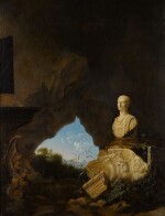 PETRUS VAN HATTICH | A grotto with an antique bust, relief fragments, and other objects, with an Italianate landscape beyond