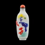 A five-colour overlay white glass 'floral' snuff bottle Qing dynasty, 18th century | 清十八世紀 涅白地套五色料花蝶紋鼻煙壺