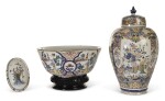 A DUTCH DELFT POLYCHROME BALUSTER VASE AND COVER, A PUNCH BOWL AND A BRUSH BACK | MID-18TH CENTURY