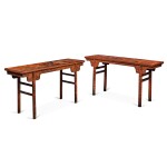 Two 'qiangjin' and 'tianqi' lacquer recessed-leg tables (Pingtouan), Qing dynasty, 18th century | 清十八世紀 戧金填漆夾頭榫花鳥紋平頭案一組兩件