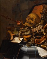 Vanitas still life with a skull, an hourglass, money bags, a crown, a watch, a telescope, spectacles, a violin, a flute, a candle, a manuscript, and other objects, on a black cloth with a gold trim, covering a stone plinth