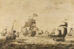 Dutch herring fleet featuring boats casting nets and a rowing boat in the foreground