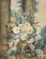 Dutch School, early 19th century | FLOWERS IN AN URN BESIDE FRUIT AND INSECTS