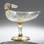 A CONTINENTAL ROCK CRYSTAL CUP MOUNTED IN GOLD AND ENAMEL, THE BOWL POSSIBLY 16TH CENTURY