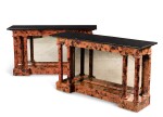 A PAIR OF FAUX TORTOISESHELL VENEERED AND MARBLE TOPPED SIDE TABLES, MODERN