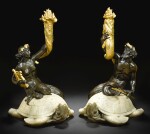 A PAIR OF GILT AND PATINATED BRONZE FIGURES OF TRITON AND NEREID ASTRIDE MARBLE TURTLES, BY EDWARD F. CALDWELL & CO., NEW YORK CIRCA 1900