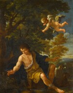Narcissus seated in a wooded landscape with dogs and Cupid flying above