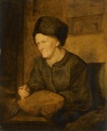Portrait of an old lady, half-length, wearing a fur hat, sewing a cushion, with spectacles in hand and a pair of scissors to the side
