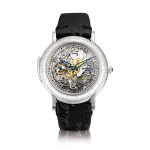 Parmigiani Fleurier | Reference PF600534.01, A platinum and diamond-set semi-skeletonised minute repeating wristwatch, Circa 2000 | 型號PF600534.01  鉑金鑲鑽石半鏤空三問腕錶，約2000年製