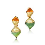 Pair of 'Naturalia' Green Tourmaline, Citrine and Diamond Pendent Earrings | 寶格麗 | 'Naturalia' 綠色碧璽 配 黃水晶 及 鑽石 耳墜一對