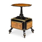 An unusual Victorian gilt-brass mounted marquetry and ebonised table with integral folio stand, circa 1880, in the manner of Holland & Son