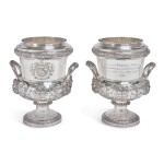 NAPOLEONIC INTEREST: A PAIR OF REGENCY SILVER WINE COOLERS AND LINERS, JOSEPH ANGELL, LONDON, 1816