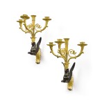 A PAIR OF EMPIRE PATINATED AND GILT BRONZE FOUR-BRANCH WALL LIGHTS ATTRIBUTED TO CLAUDE GALLE, CIRCA 1810