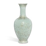 An extremely rare carved gilt-decorated and celadon-glazed 'phoenix' vase, Seal mark and period of Qianlong | 清乾隆 粉青釉描金鳳紋瓶 《大清乾隆年製》款