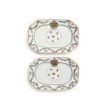 A Pair of Small Chinese Export Armorial Chamfered Rectangular Platters Qing Dynasty, Qianlong Period, Circa 1780 | 清乾隆 約1780年 粉彩紋章圖長方盤一對