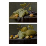 JACOB VAN ES | STILL LIFE OF GRAPES, PEACHES, AND A WALNUT, TOGETHER WITH PLUMS IN A BLUE AND WHITE PORCELAIN BOWL, ALL UPON A PARTLY DRAPED STONE LEDGE;   STILL LIFE OF HONEY MELONS, GRAPES, PEACHES, AND WALNUTS, ALL UPON A STONE LEDGE