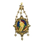 A French enamelled gold mounted diamond, baroque pearl and lapis lazuli pendant with François Ier, King of France, 19th century