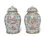 A PAIR OF CANTON FAMILLE-ROSE JARS AND COVERS, QING DYNASTY, LATE 19TH CENTURY
