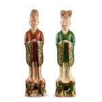 Two sancai pottery figures of officials, Tang dynasty | 唐 三彩文官俑一組兩件