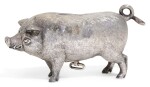 AN EDWARDIAN SILVER MECHANICAL PIG TABLE BELL, WILLIAM HORNBY, LONDON, 1909, RETAILED BY ASPREY