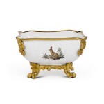 An Ansbach porcelain and Louis XV gilt-bronze mounted square dish, mid-18th century