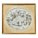  A LARGE FRAMED PAINTED OPAQUE-WHITE GLASS PANEL OF A TERRIER, LATE 19TH CENTURY