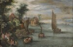 FOLLOWER OF JAN BRUEGHEL THE YOUNGER | River landscape with figures in boats and a village at the waters edge