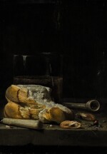 JAN FRIS | STILL LIFE OF BREAD, PRAWNS, A PIPE AND A GLASS OF BEER ARRANGED ON A TABLE
