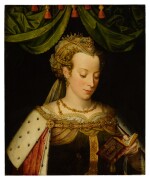Portrait of a noblewoman as a sibyl, wearing an ornate jeweled headdress and coronet, holding a book in her left hand, and a baldacchino above