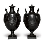 A PAIR OF WEDGWOOD AND BENTLEY BLACK BASALT TWO-HANDLED VASES AND COVERS CIRCA 1775 