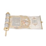 A Large Israeli Silver, 18 Karat Gold, and Gem-Set Esther Scroll Case with Cut-Out and Illuminated Scroll, Shuki Freiman, Jerusalem, Circa 1990