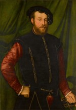 Portrait of a gentleman, three-quarter length, wearing a black cap, a black-slashed singlet over a red shirt, holding a sword and a dagger, standing before a green curtain
