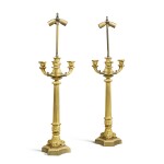 A Pair of Restauration Gilt-Bronze Four-Light Candelabra, Now Fitted as Table Lamps, Circa 1820