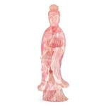 A pink stone standing figure of Guanyin | 粉紅晶石雕觀世音菩薩立像