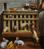 An interior with rabbits, chickens and a still life