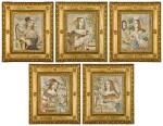 A rare set of silk embroidered and metal-thread allegorical portraits, representing the five senses, probably French, 18th century