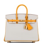 Hèrmes Horseshoe Stamp (HSS) Bicolor Gris Perle and Moutarde Birkin 25cm of Chevre Leather with Brushed Gold Hardware
