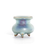 A small Junyao purple-splashed tripod incense burner, Song dynasty | 宋 鈞窰天藍釉紫斑三足爐