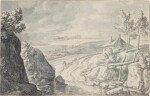 Hilly landscape with a hut by a river