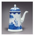 A RARE BOW PORCELAIN BLUE AND WHITE CHOCOLATE OR COFFEE POT AND COVER CIRCA 1750 