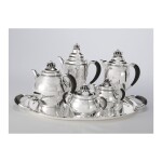 A FIVE-PIECE DANISH SILVER TEA SET WITH SIMILAR TRAY, NOS. 251 AND 787B, GEORG JENSEN SILVERSMITHY, COPENHAGEN, DATED 1925 AND CIRCA 1945-77
